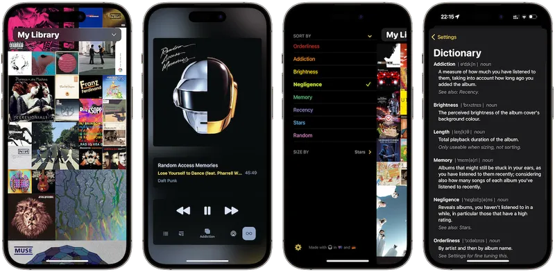 Longplay app screenshots showing album collections