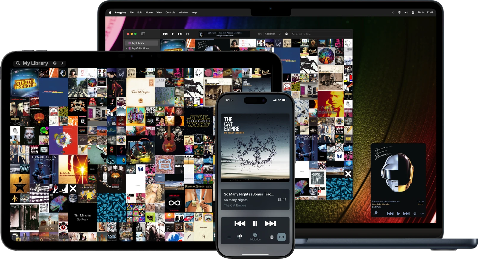 Longplay app screenshots showing album collections